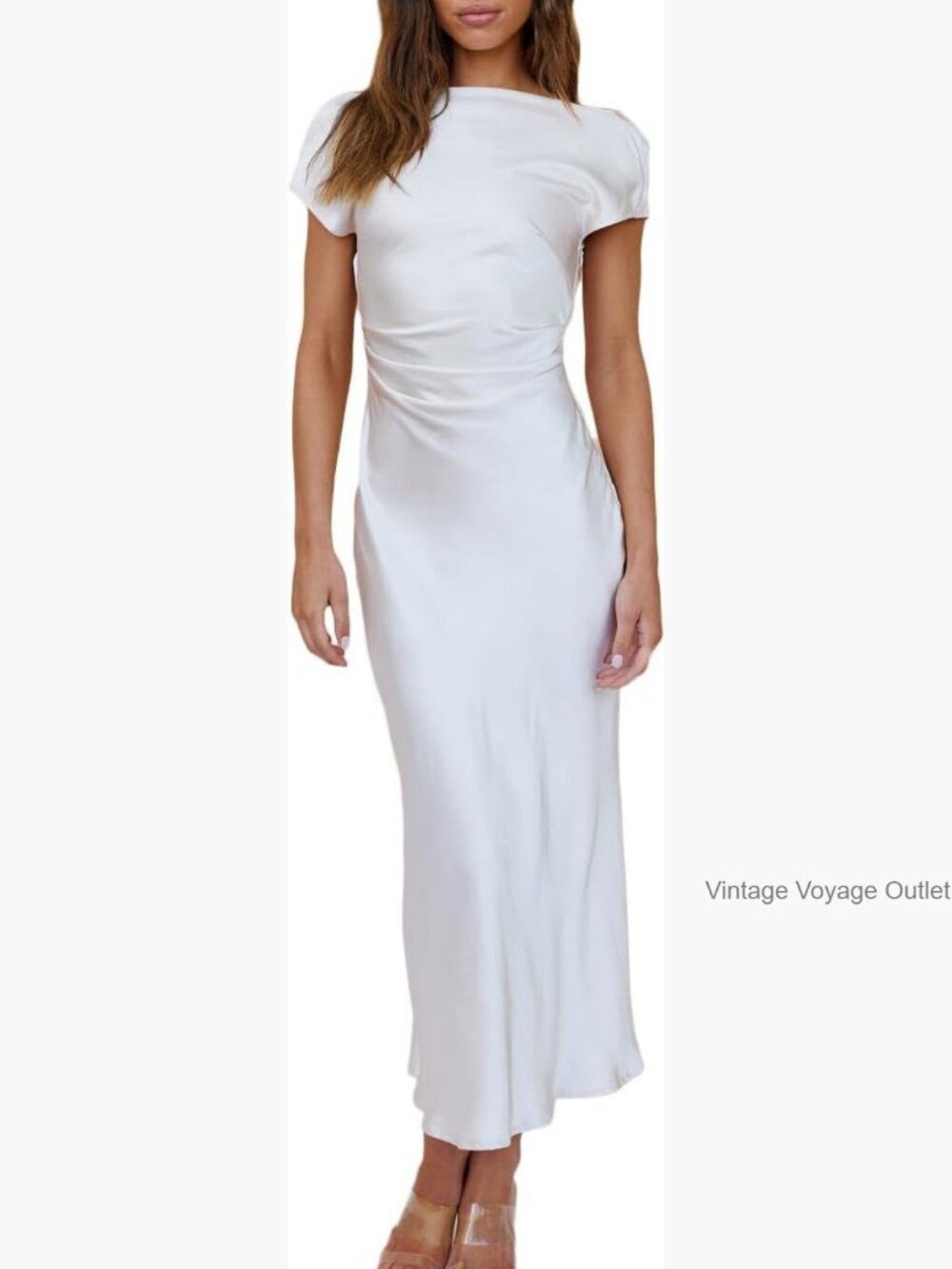 Elegant Cowl Back Satin Midi Dress Cap Sleeve Ruched Waist Wedding Guest Formal